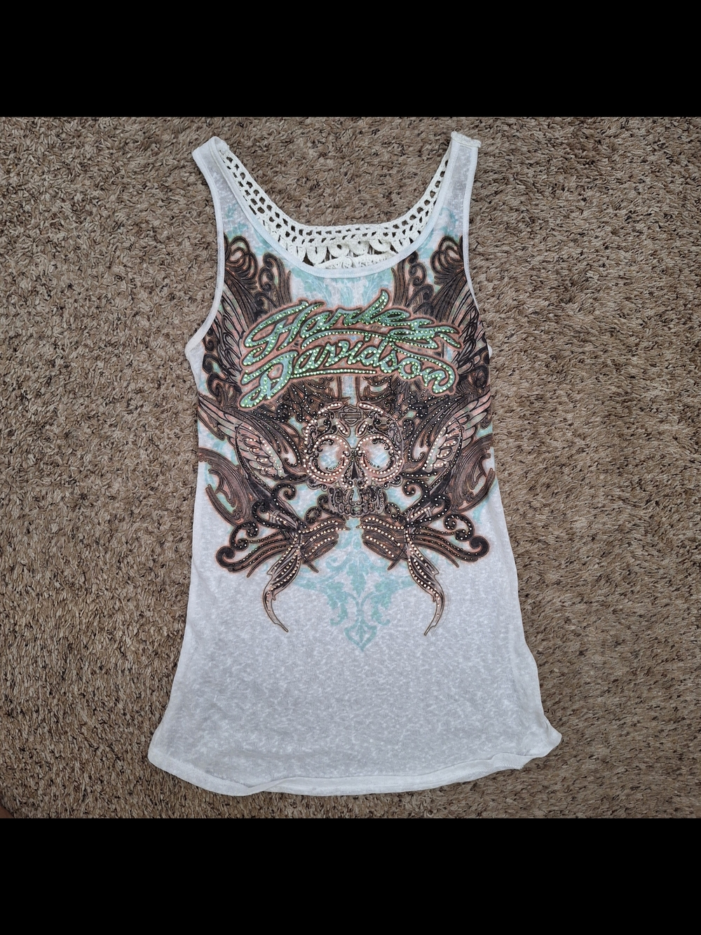 Harley Davidson Embellished Skull Tank w/ Crochet Fringe Back